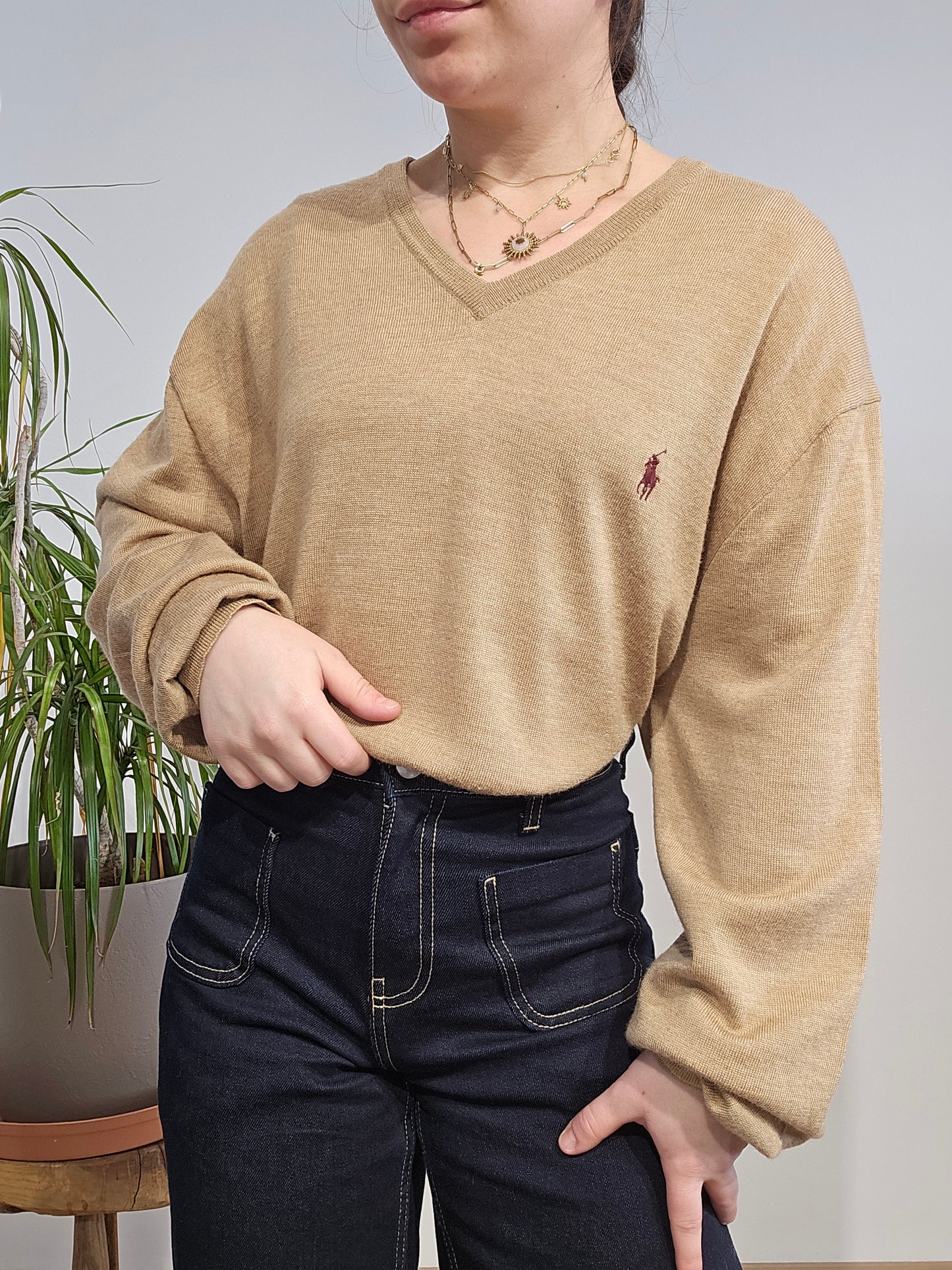 Pull léger col V marron - XXL