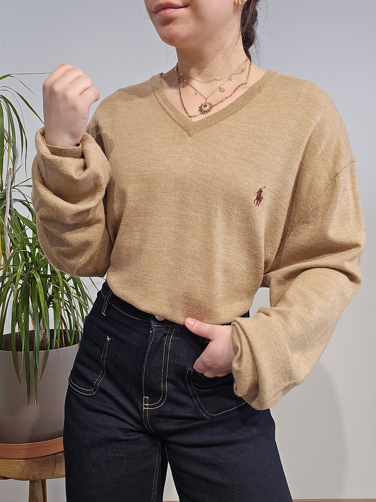 Pull léger col V marron - XXL