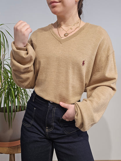 Pull léger col V marron - XXL