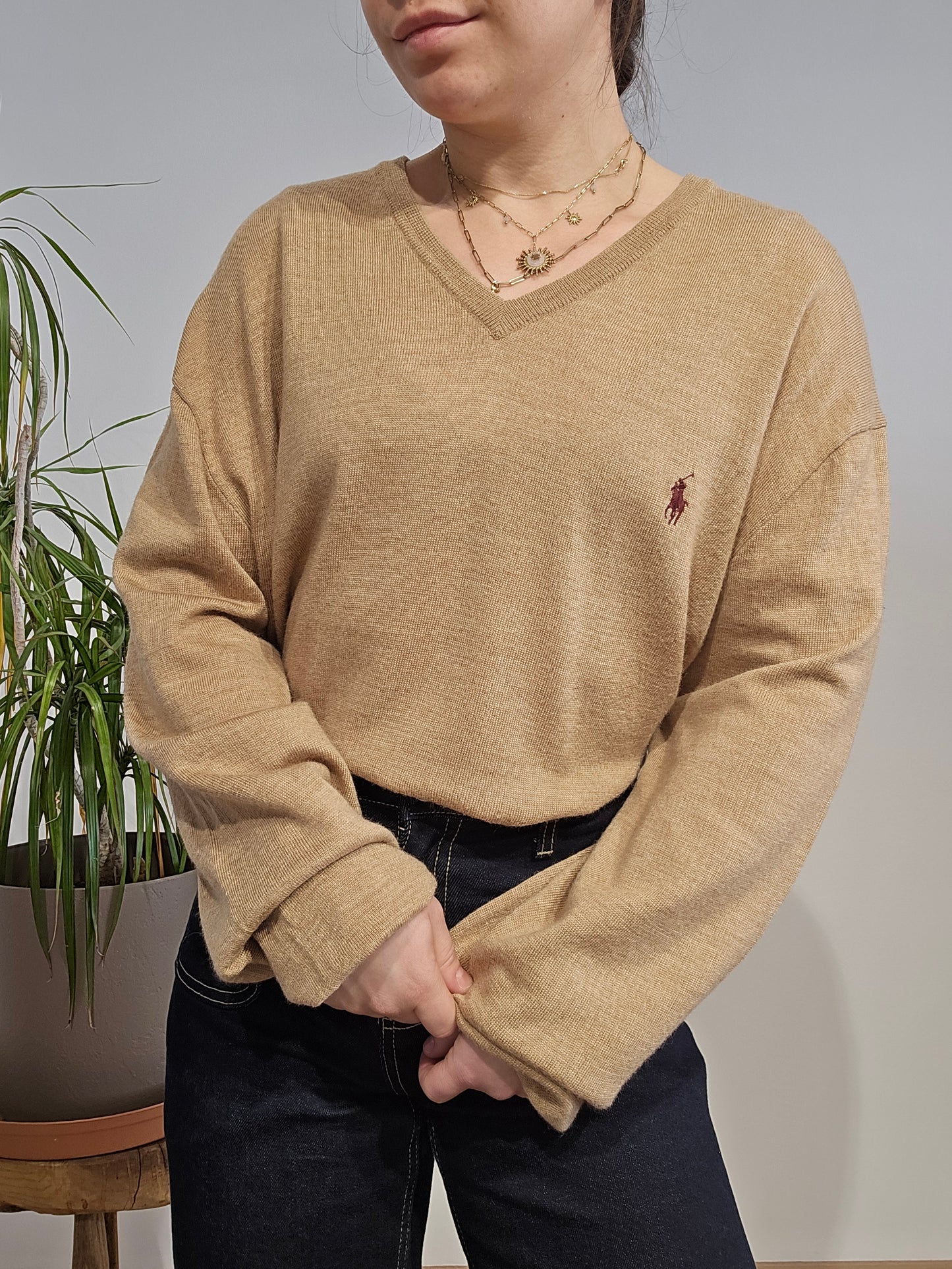 Pull léger col V marron - XXL
