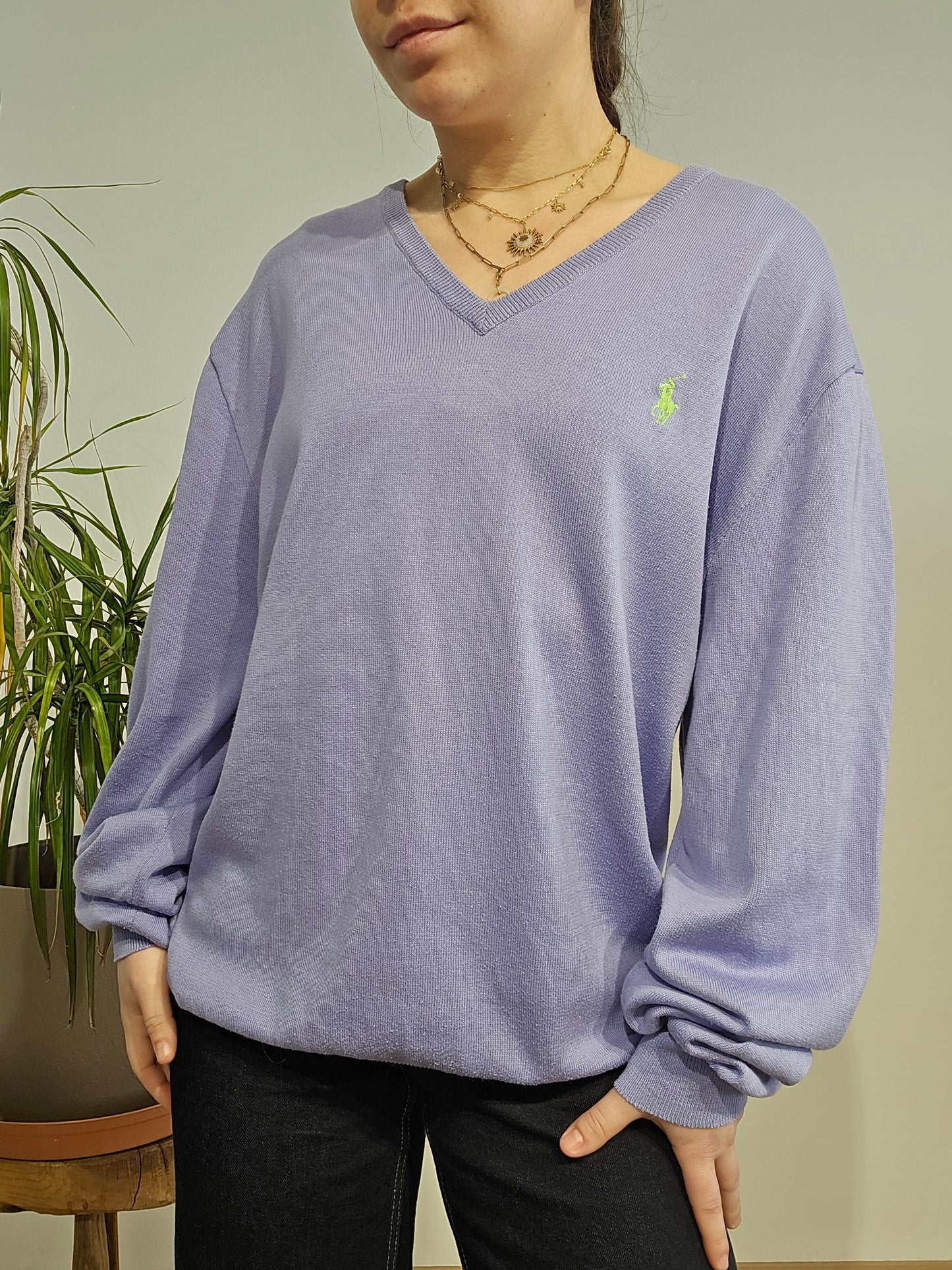 Pull léger col V violet - L