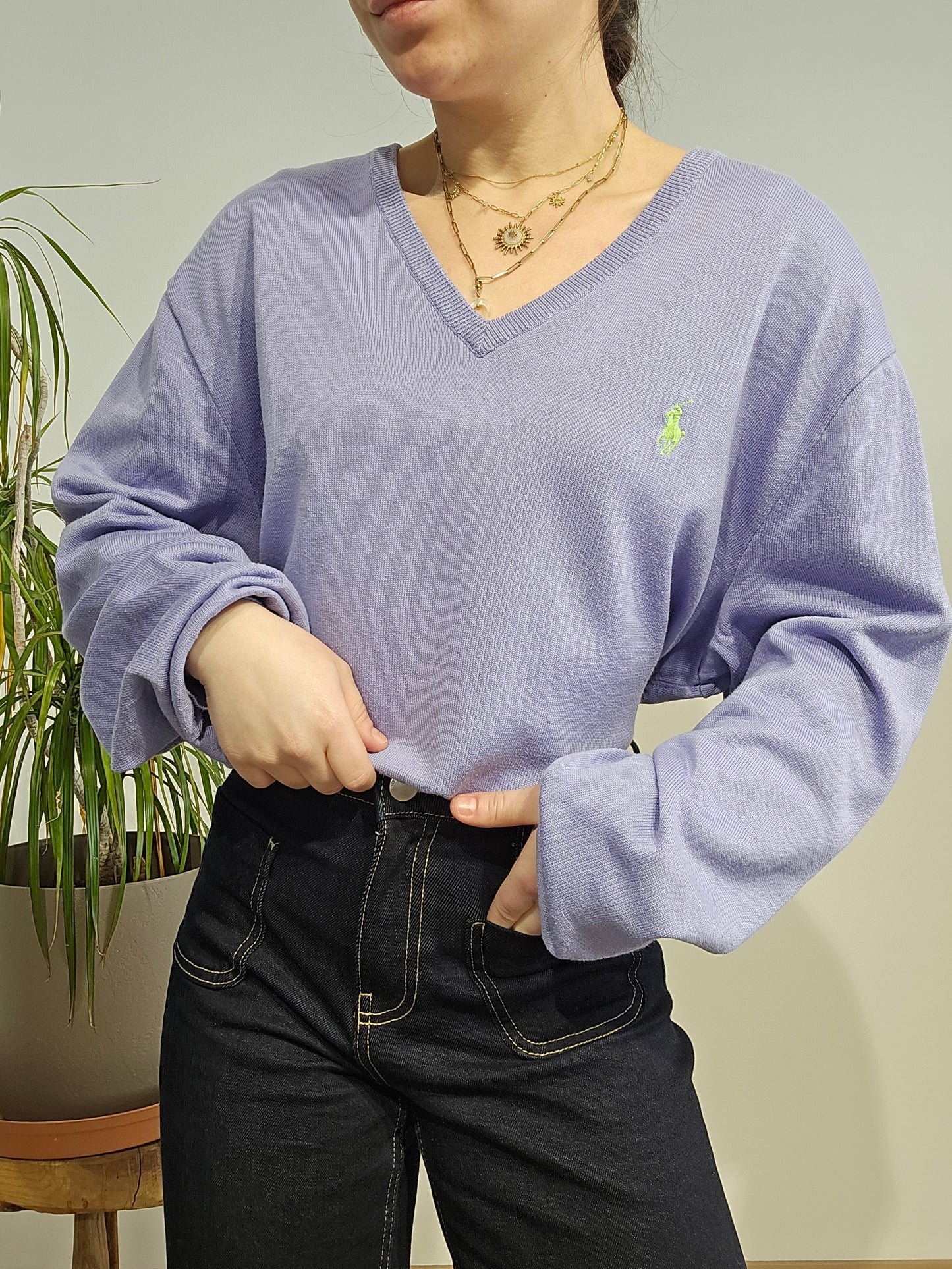 Pull léger col V violet - L