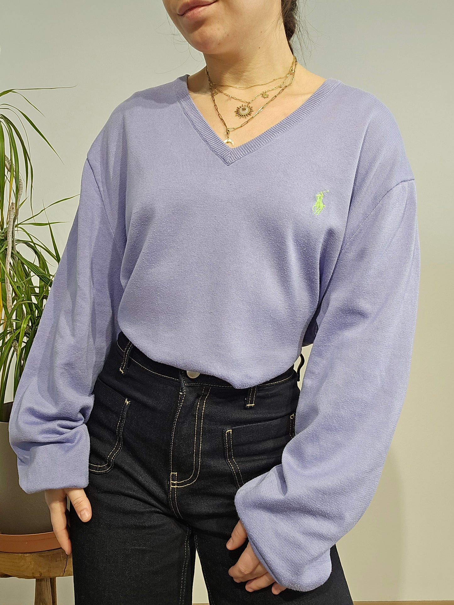Pull léger col V violet - L