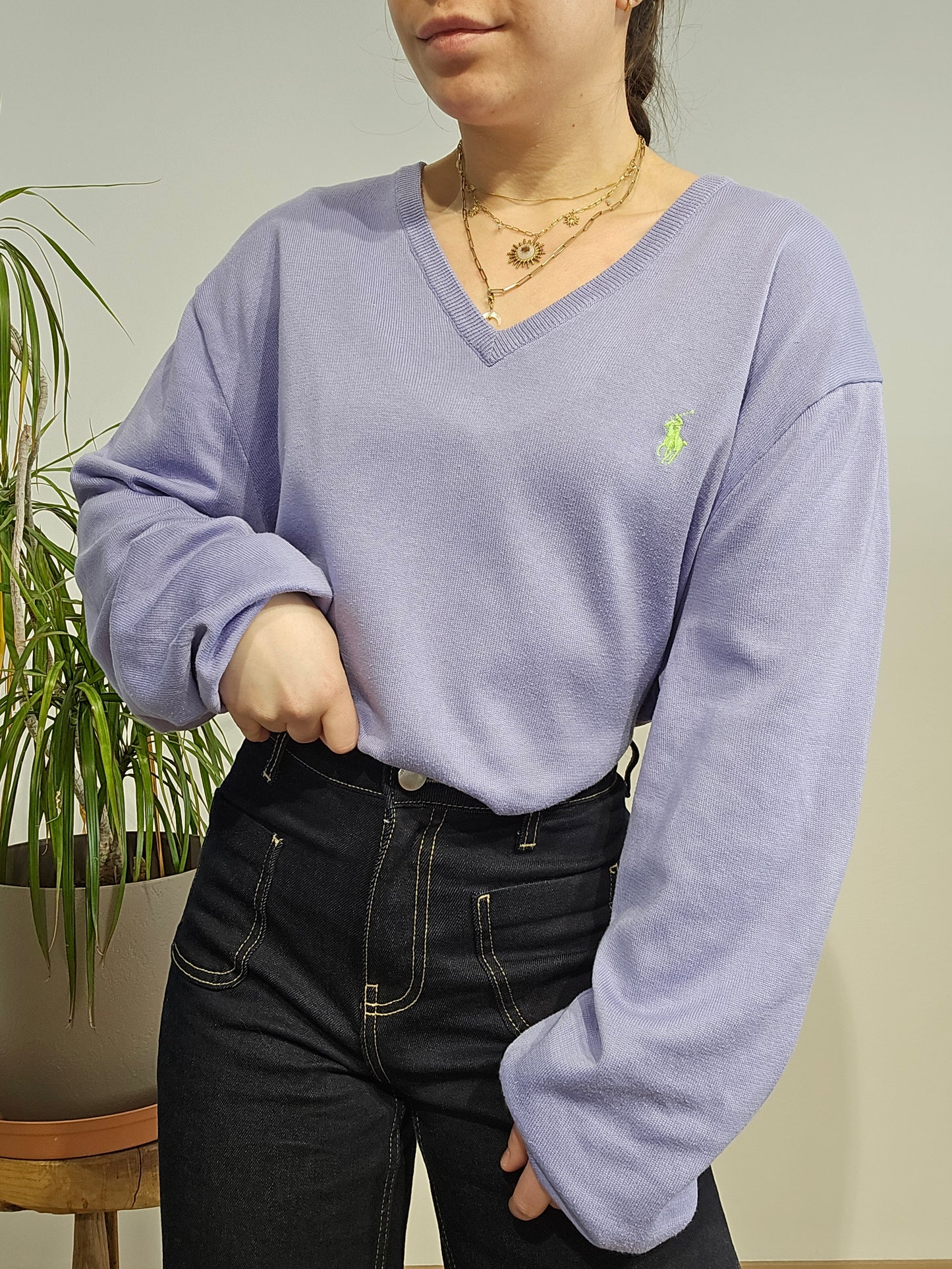 Pull léger col V violet - L