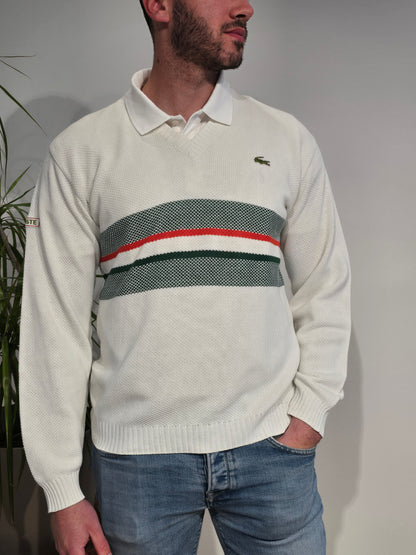 Pull col V blanc à rayures des années 80' - M
