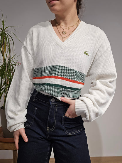 Pull col V blanc à rayures des années 80' - M/L
