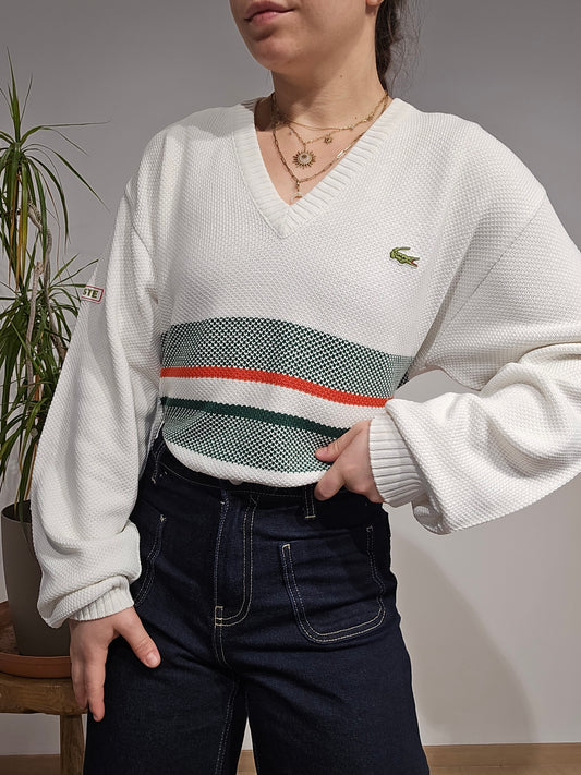 Pull col V blanc à rayures des années 80' - M/L