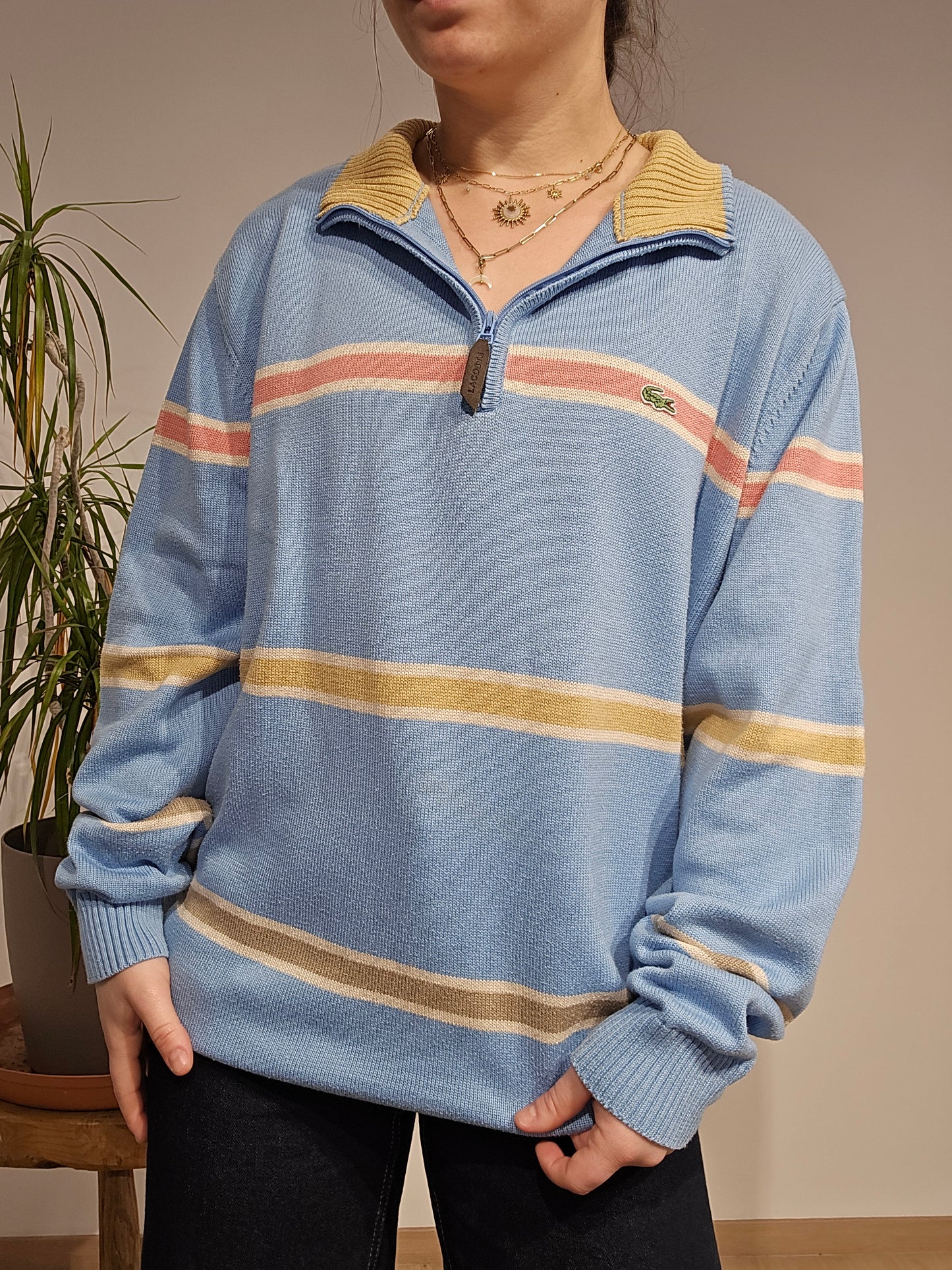 Pull camionneur en coton bleu ciel à rayures - L