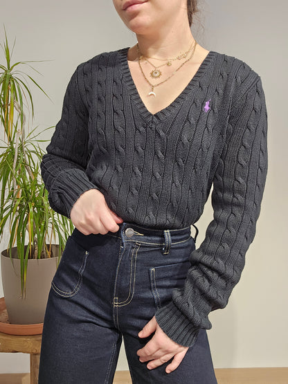 Pull col V en maille torsadée noir - M
