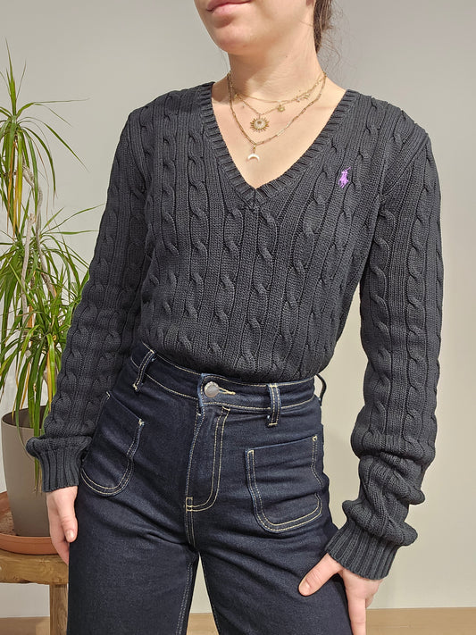 Pull col V en maille torsadée noir - M