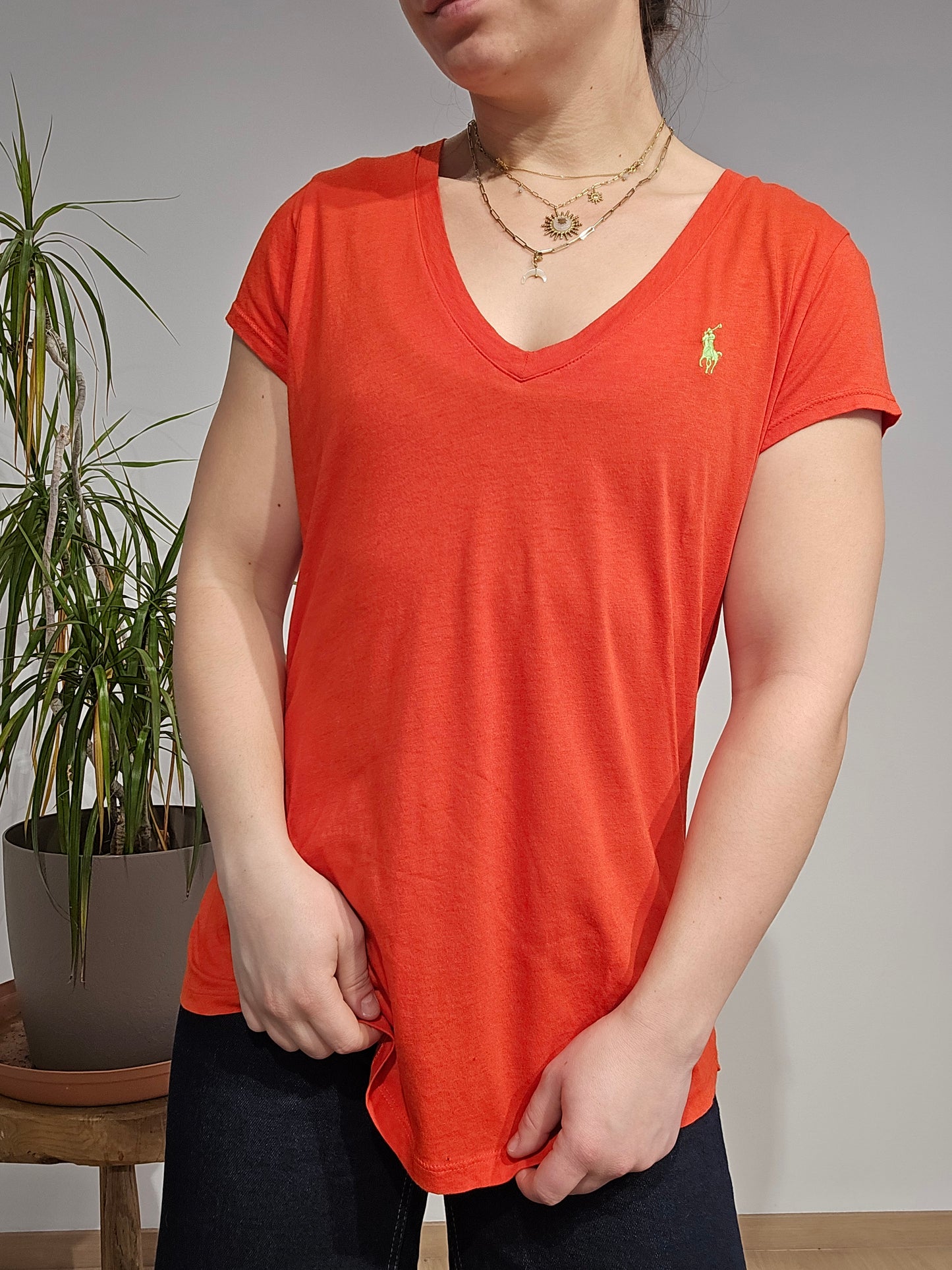 Tee-shirt col V en coton orange - M