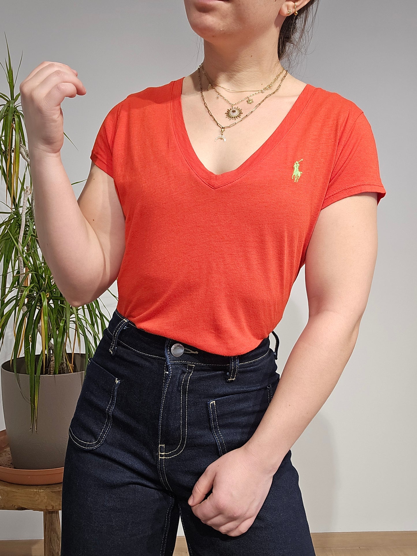 Tee-shirt col V en coton orange - M