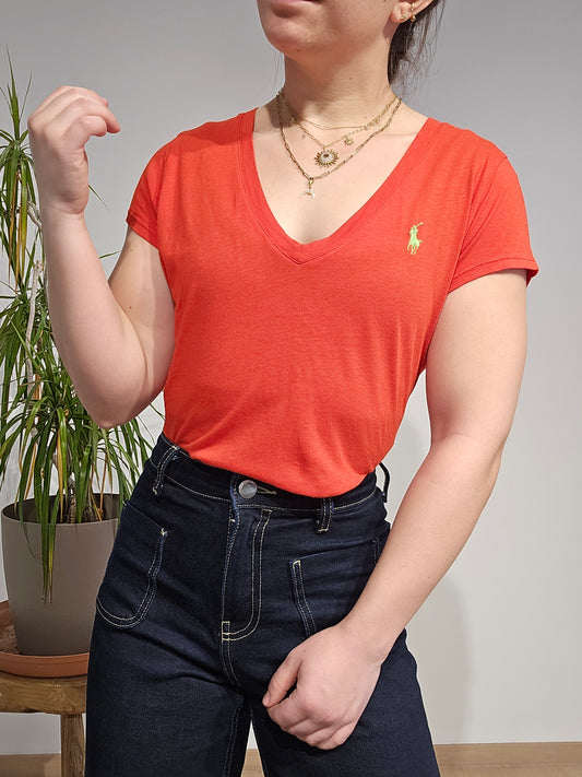 Tee-shirt col V en coton orange - M