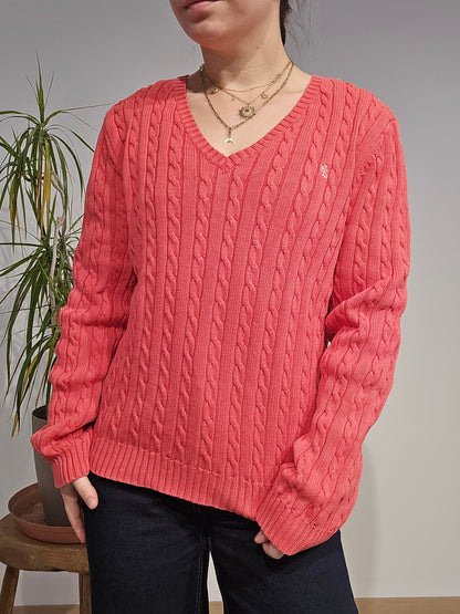 Pull col V en maille torsadée corail - L