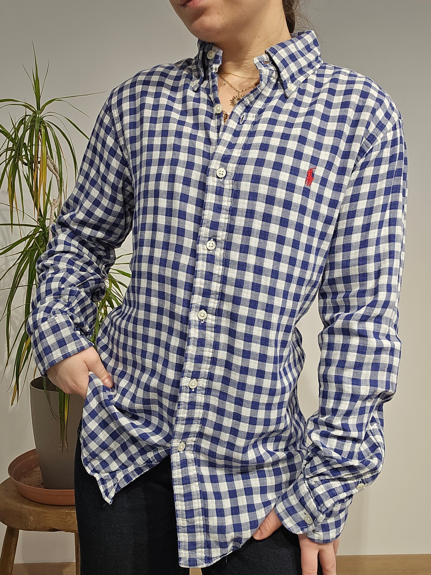 Chemise coupe Silm fit en coton vichy bleu - S