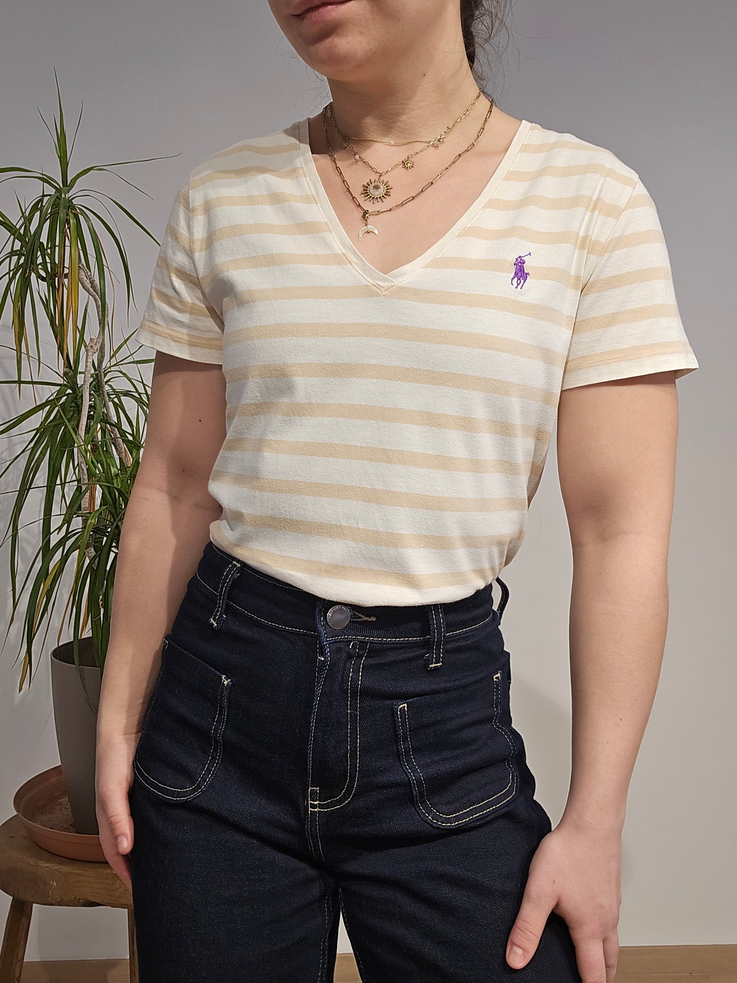 Tee-shirt col V en coton beige à rayures - S/M