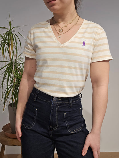 Tee-shirt col V en coton beige à rayures - S/M