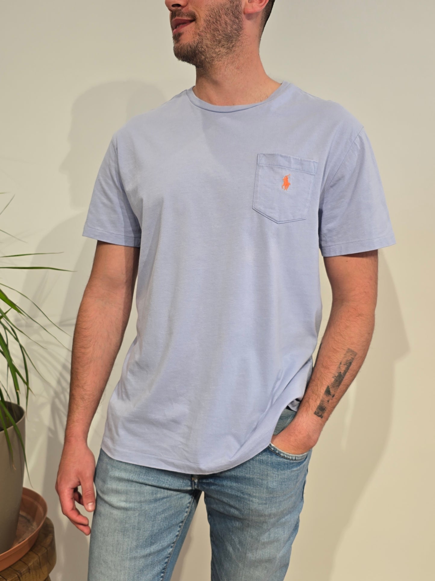 Tee-shirt col rond en coton bleu ciel - L