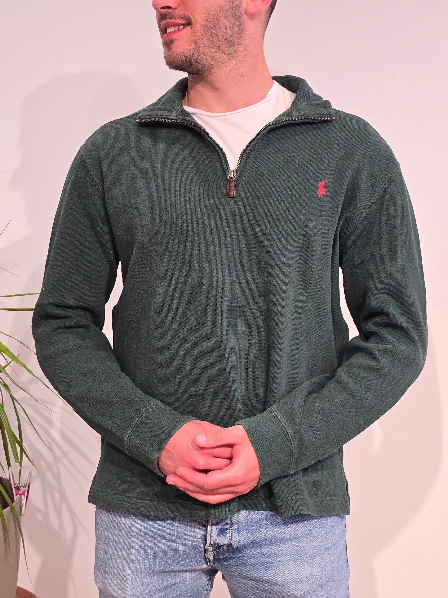 Pull camionneur en coton vert foncé - M