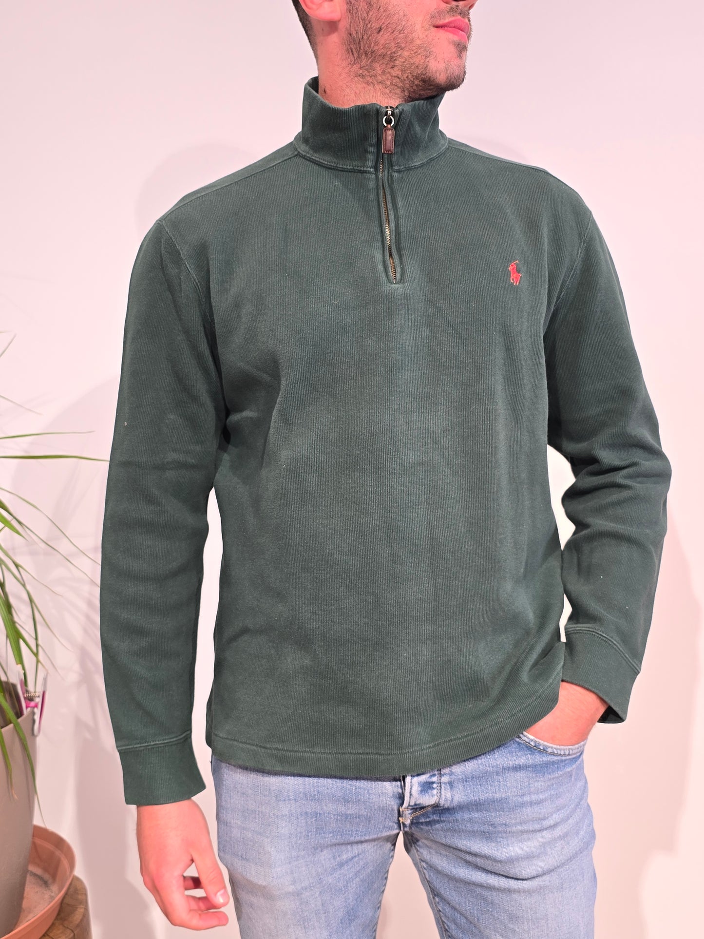 Pull camionneur en coton vert foncé - M