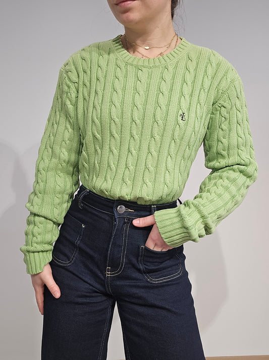 Pull col rond en maille torsadée vert - S/M