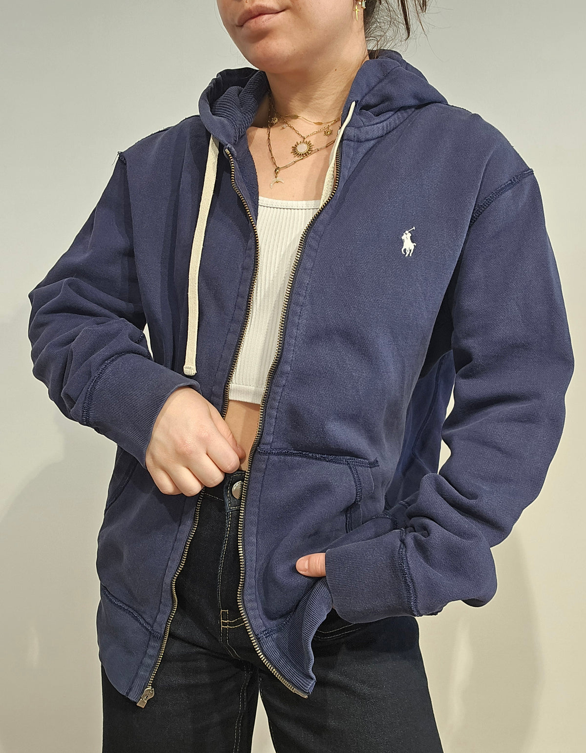 Veste à capuche en coton bleu marine - M