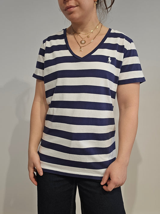 Tee-shirt col V en coton marinière - L