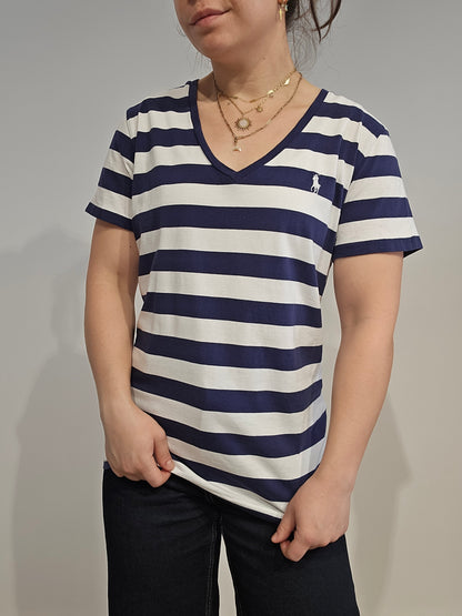 Tee-shirt col V en coton marinière - L