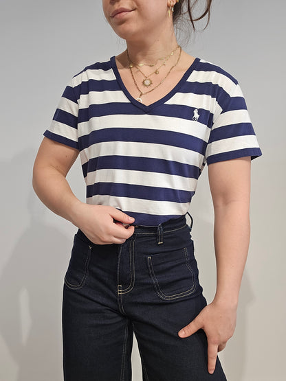 Tee-shirt col V en coton marinière - L
