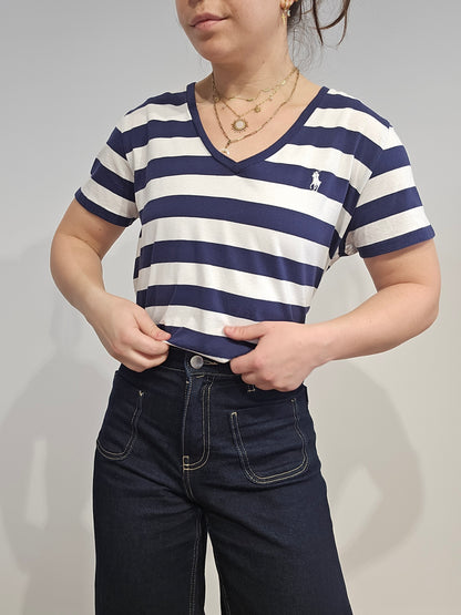Tee-shirt col V en coton marinière - L