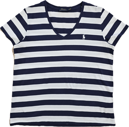 Tee-shirt col V en coton marinière - L