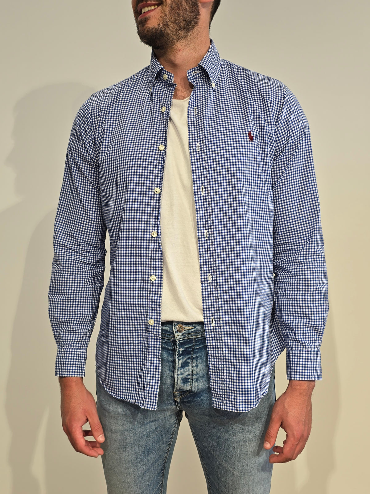 Chemise en coton à carreaux bleu - S