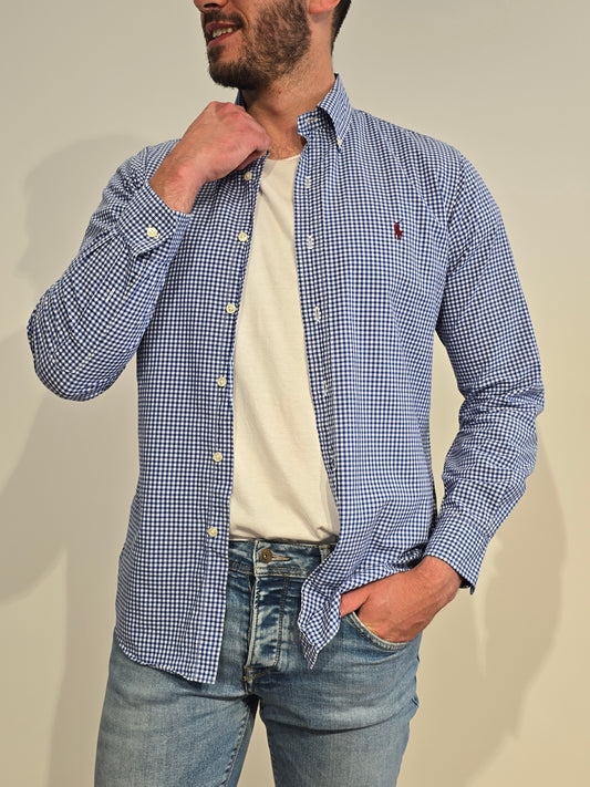 Chemise en coton à carreaux bleu - S