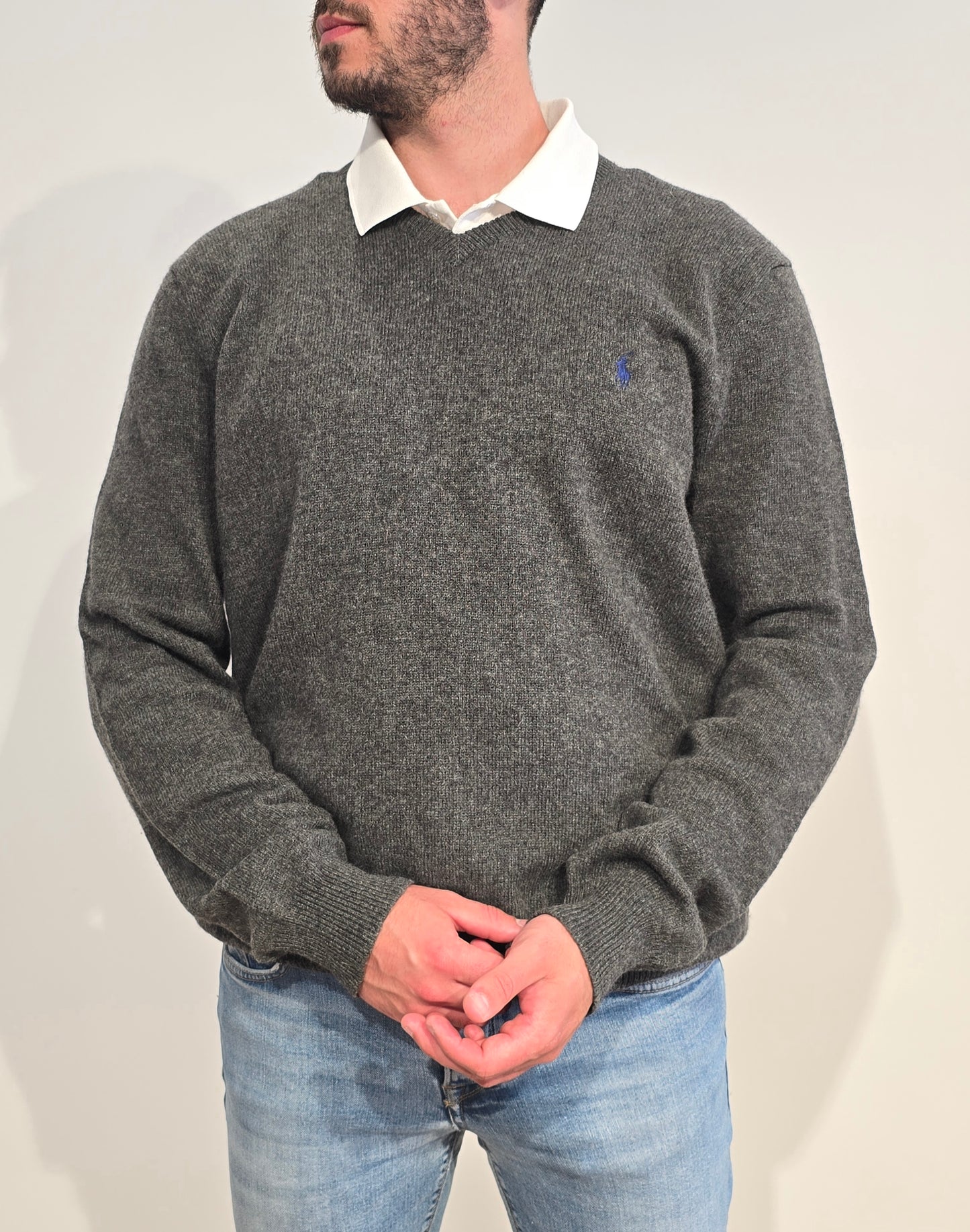 Pull col V en laine gris - L/XL