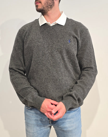 Pull col V en laine gris - L/XL