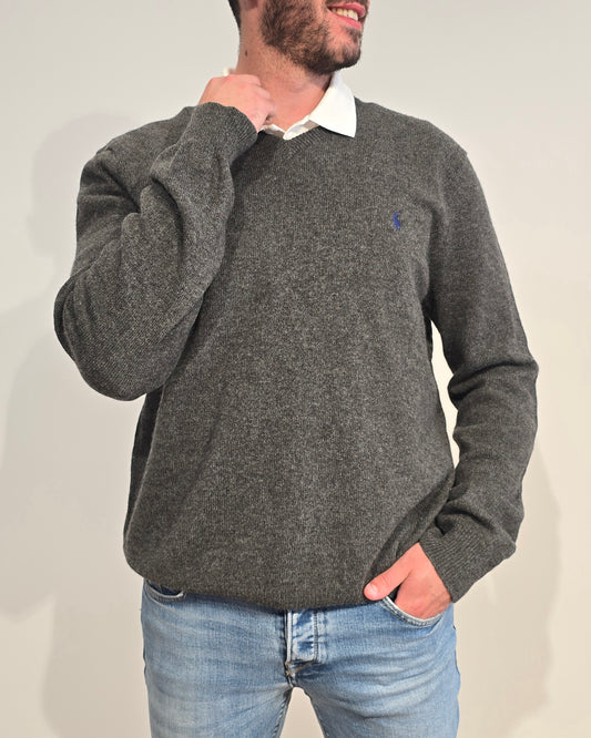 Pull col V en laine gris - L/XL