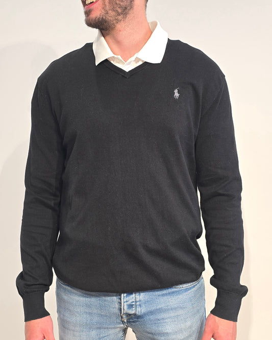Pull col V en coton noir - L
