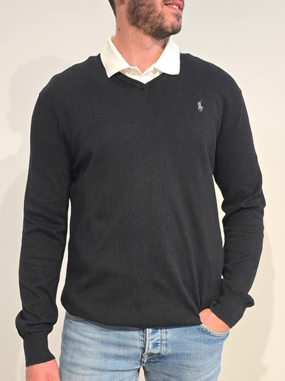 Pull col V en coton noir - L