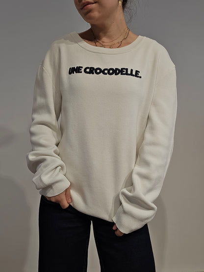 Pull original en coton blanc brodé "une crocodelle" - XL