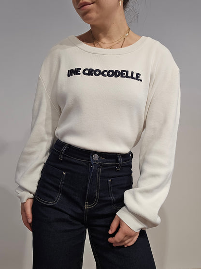 Pull original en coton blanc brodé "une crocodelle" - XL