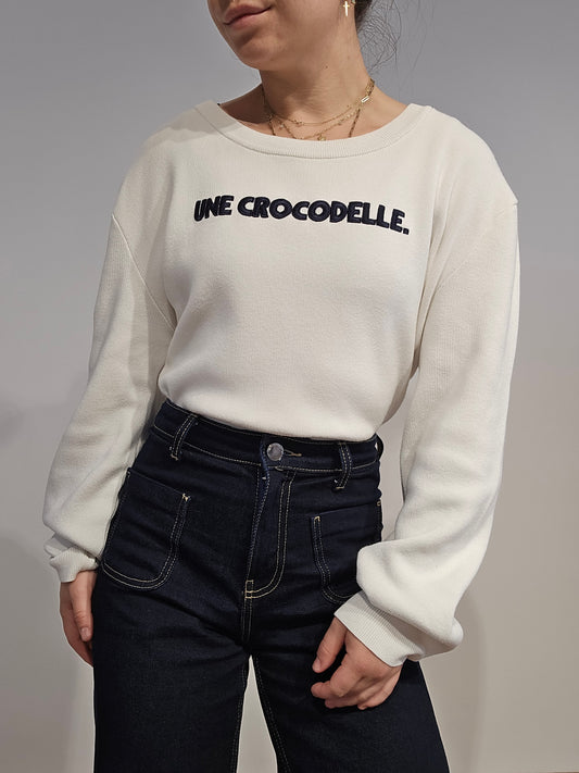 Pull original en coton blanc brodé "une crocodelle" - XL