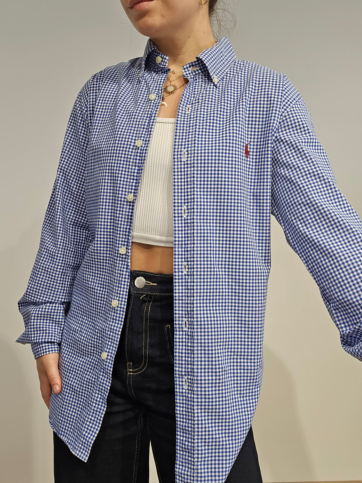 Chemise en coton à carreaux bleu - M