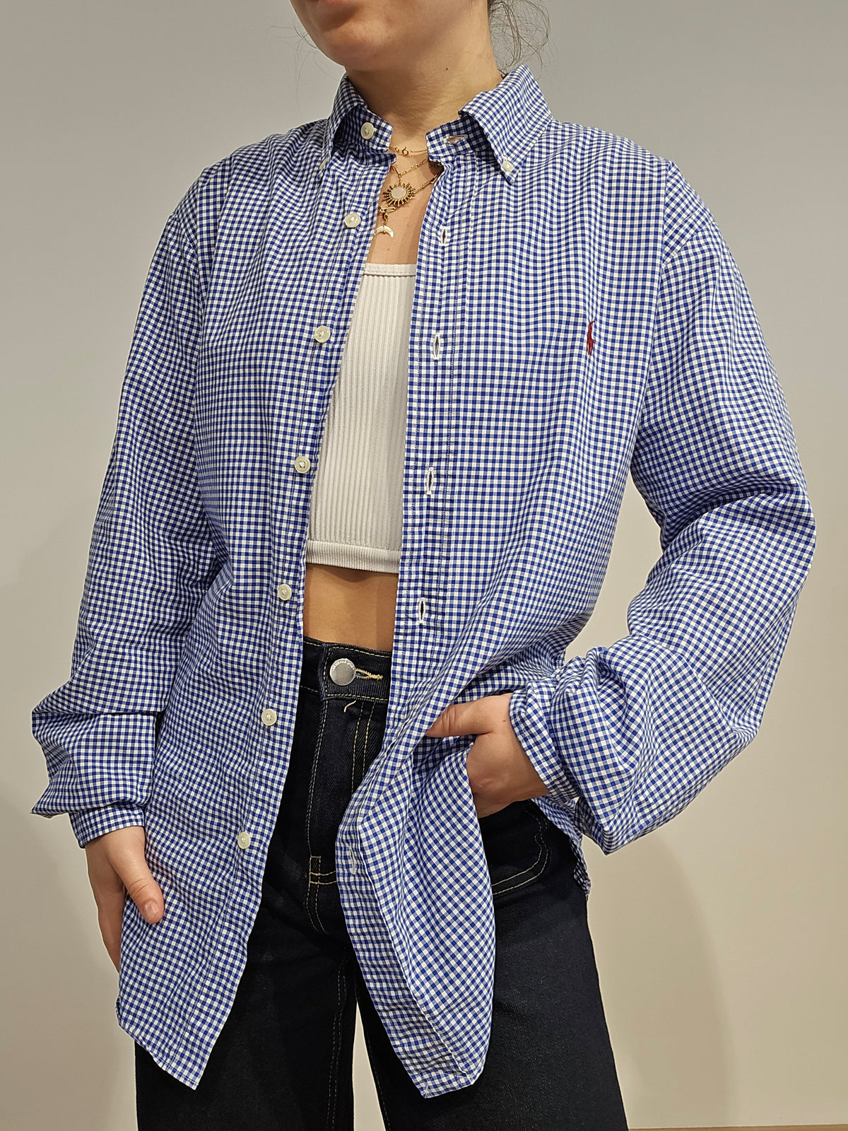 Chemise en coton à carreaux bleu - M