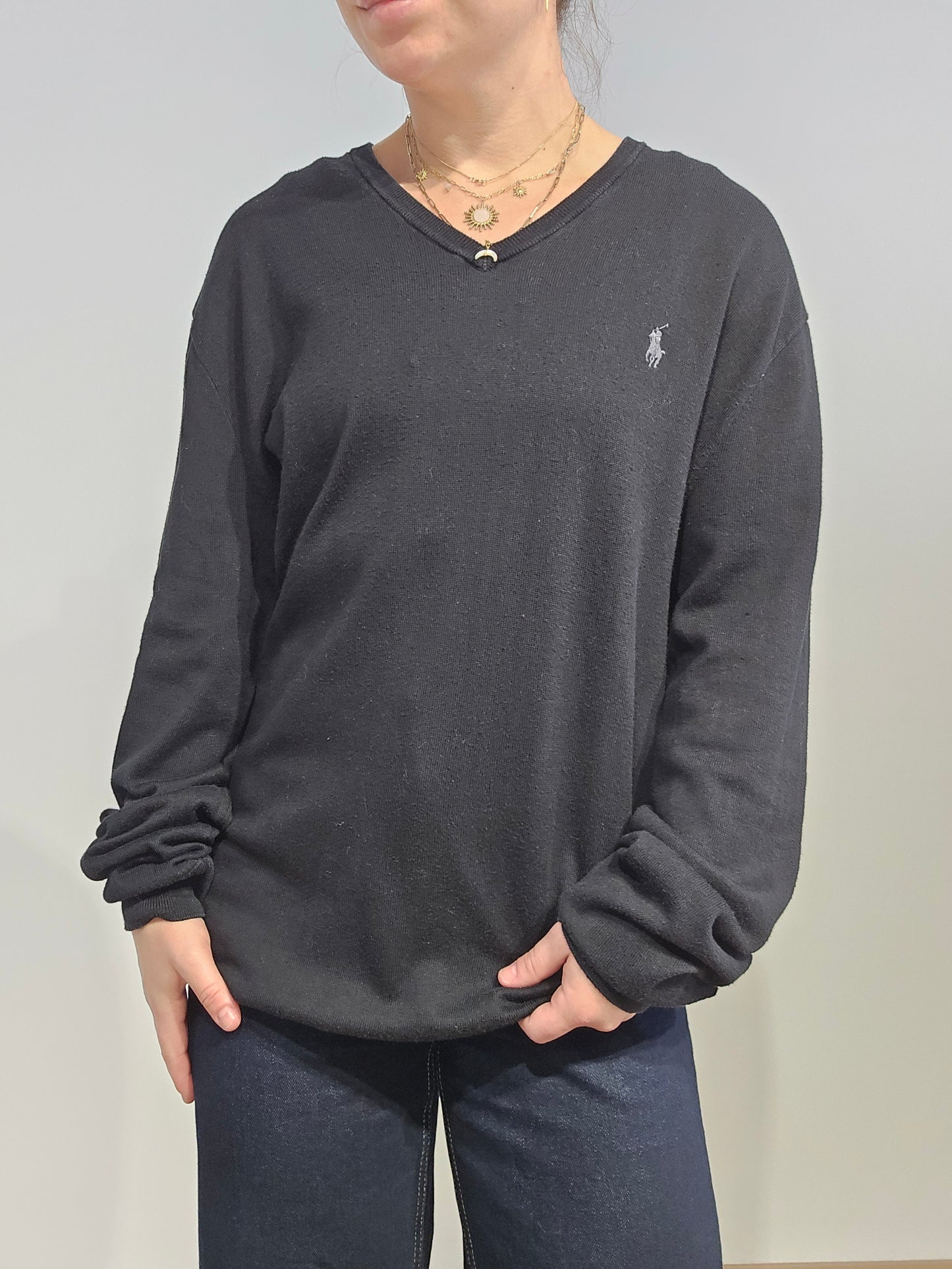 Pull col V en coton noir - XL