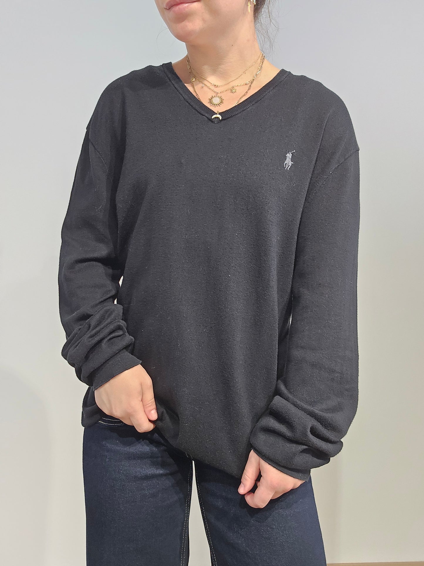 Pull col V en coton noir - XL