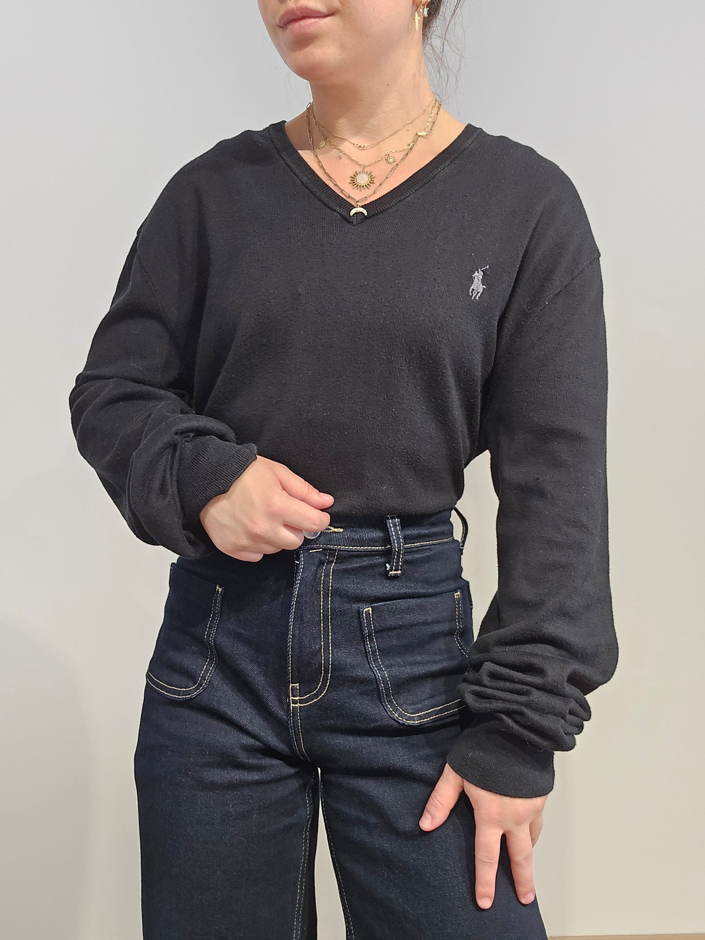 Pull col V en coton noir - XL