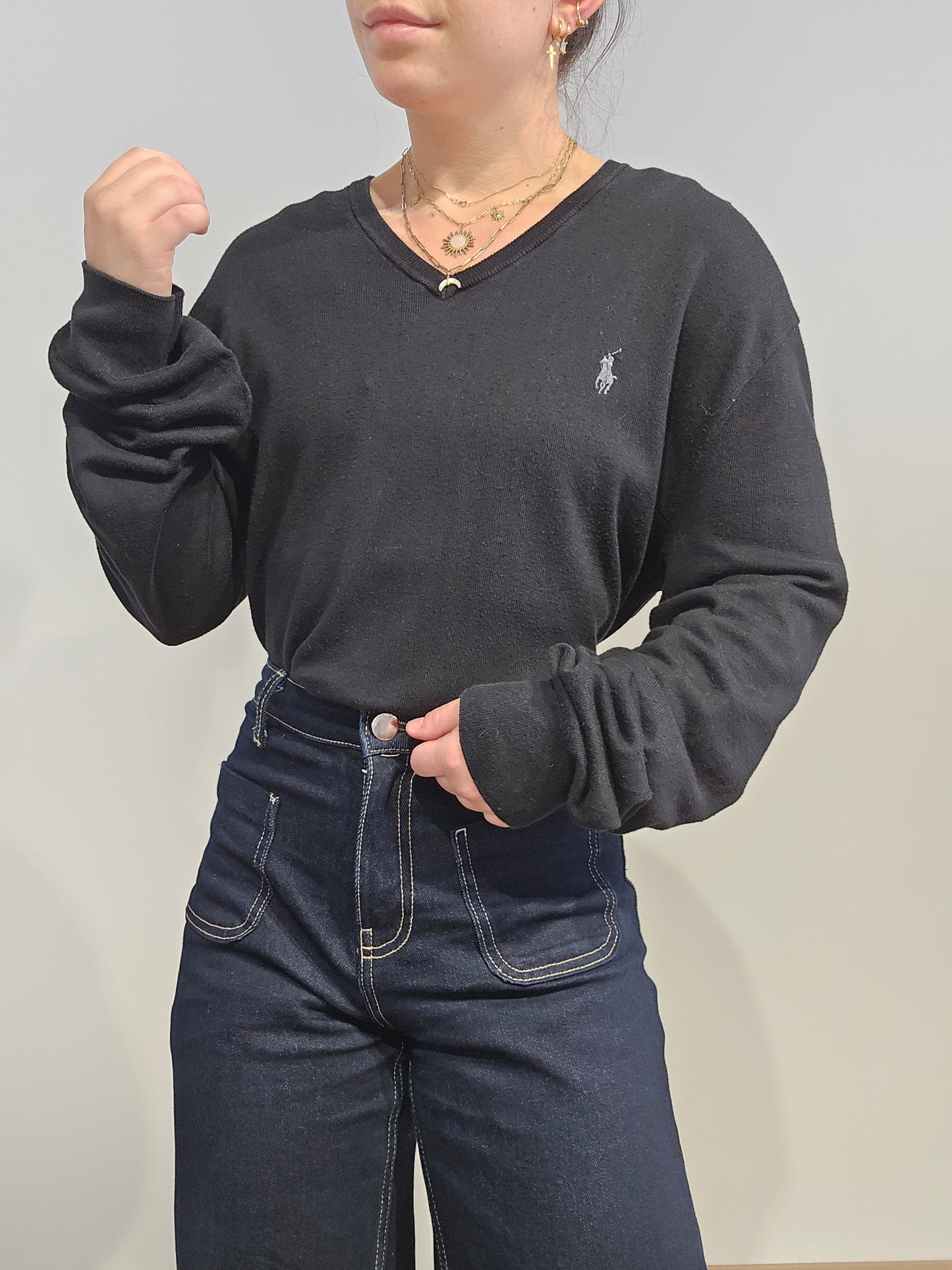 Pull col V en coton noir - XL