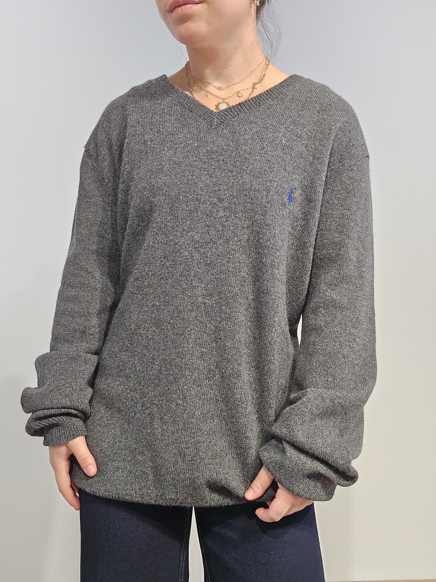 Pull col V en laine gris - XL