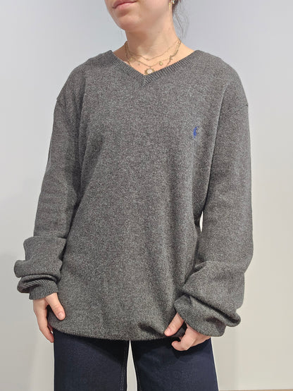 Pull col V en laine gris - XL