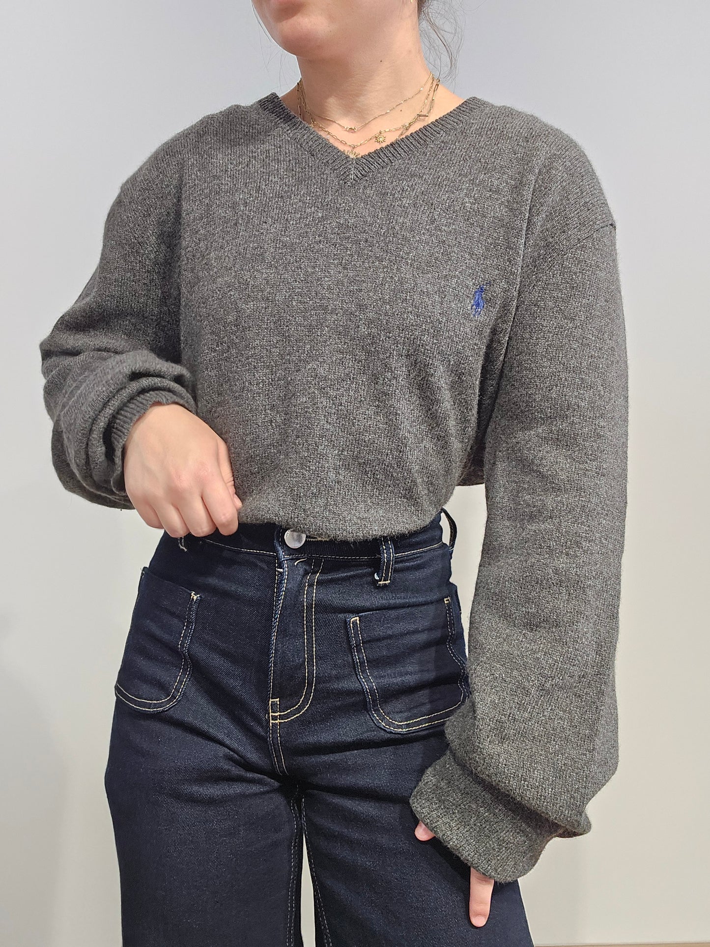 Pull col V en laine gris - XL